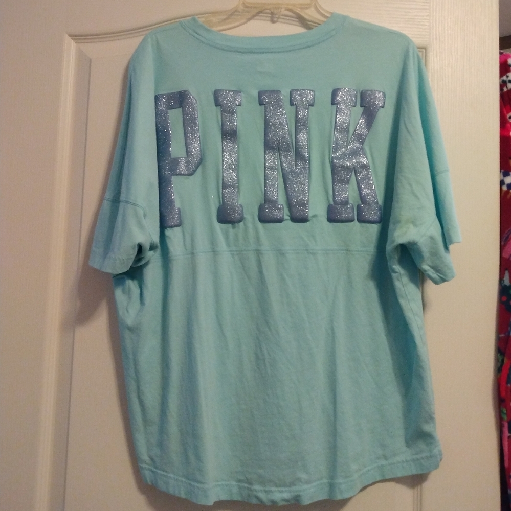 Worn Once VS PINK Blue & Lavender Sparkle Bling Pink Graphic Cropped T-shirt XXL